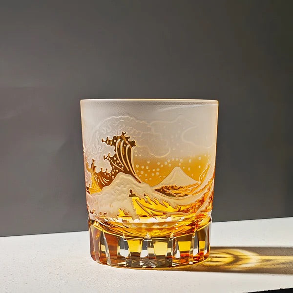 Kaori Edo Kiriko Fuji Wave whisky glass in Kin Fuji golden color