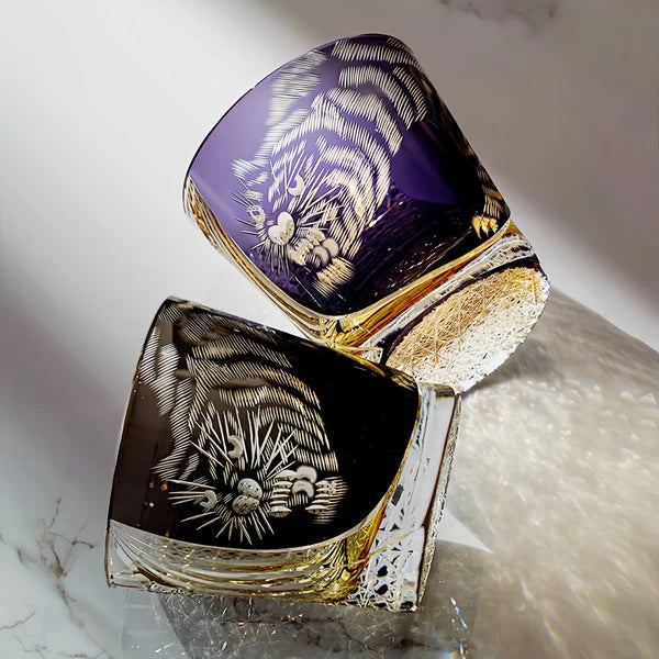 Kaori Edo Kiriko Kuro Tora whisky glass filled with whisky