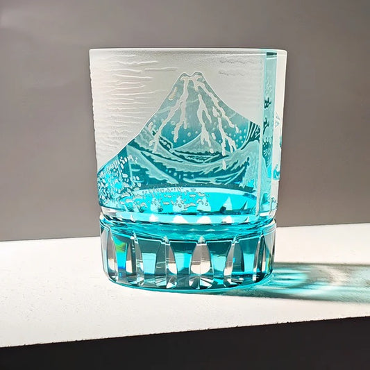 Kaori Edo Kiriko Fuji Wave whisky glass in Ao Fuji blue crystal