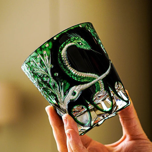 Side view of Kaori Edo Kiriko Green Serpent whisky glass