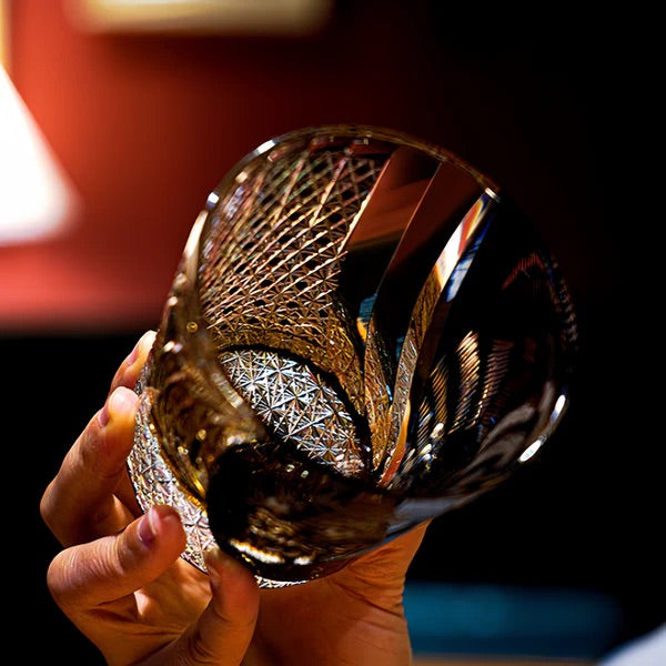 Side view of Kaori Kuro Tora Edo Kiriko whisky glass